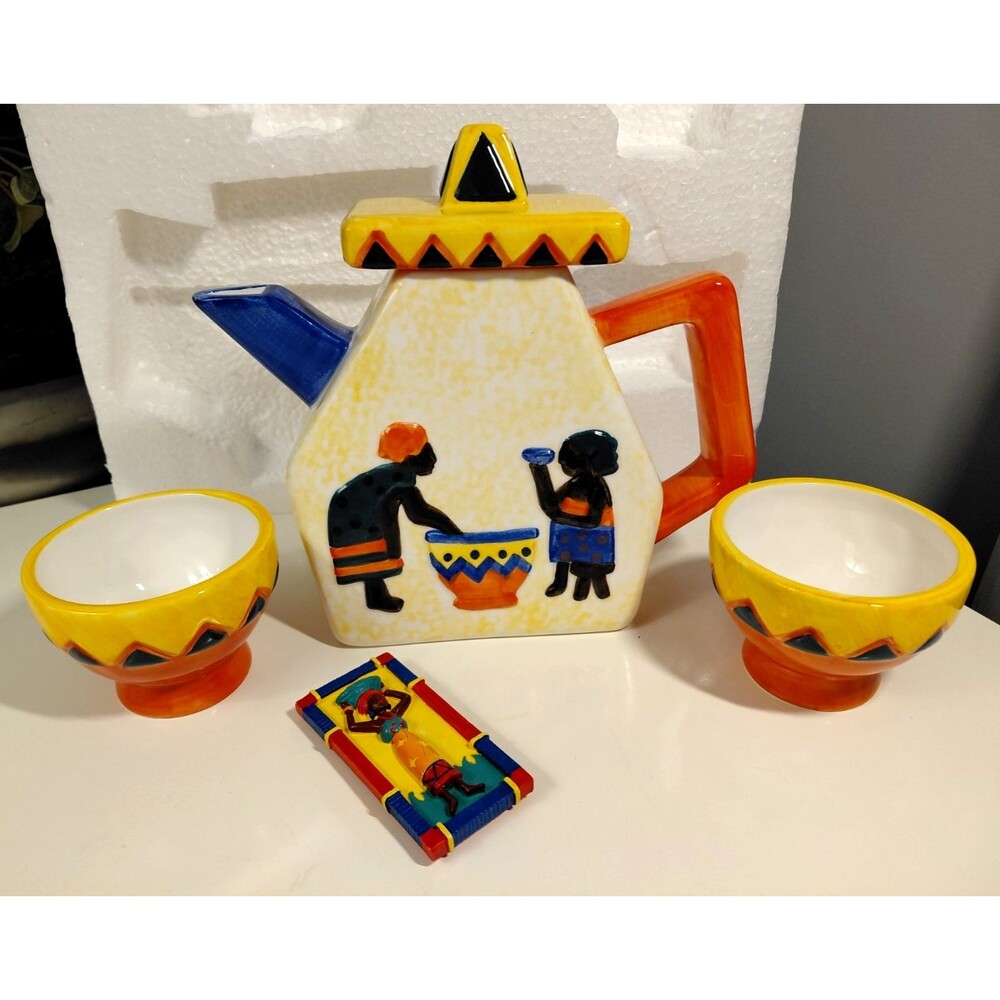 NEW Avon African Hostess Vintage Tea Set - includes Magnet & Foam Storage